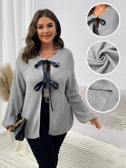 كارديجان فضفاض كاجوال بأكمام طويلة وياقة متساقطة وربطة أمامية للنساء ذوات المقاسات الكبيرة في الخريف والشتاء