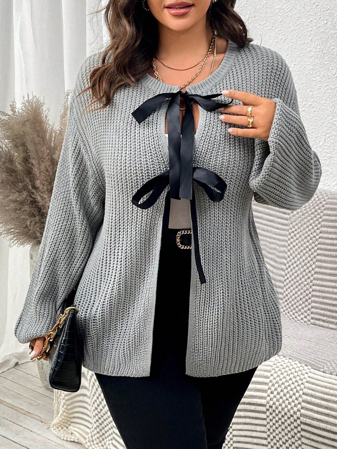 كارديجان فضفاض كاجوال بأكمام طويلة وياقة متساقطة وربطة أمامية للنساء ذوات المقاسات الكبيرة في الخريف والشتاء