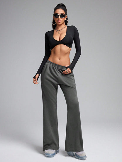 سروال رياضي قطعات متداخلة أحادي اللون ، بنطلون رياضي, بدلة رياضية يومية وكاجوال , ملابس متناسقة, بنطلون رياضي متراكب, بنطلون فضفاض، رمادي