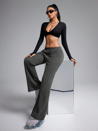 سروال رياضي قطعات متداخلة أحادي اللون ، بنطلون رياضي, بدلة رياضية يومية وكاجوال , ملابس متناسقة, بنطلون رياضي متراكب, بنطلون فضفاض، رمادي