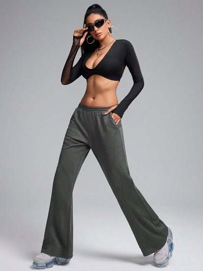 سروال رياضي قطعات متداخلة أحادي اللون ، بنطلون رياضي, بدلة رياضية يومية وكاجوال , ملابس متناسقة, بنطلون رياضي متراكب, بنطلون فضفاض، رمادي