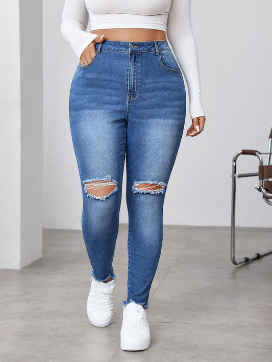 جينز ناعم البناء مغسول مشوه المقاس الكبير