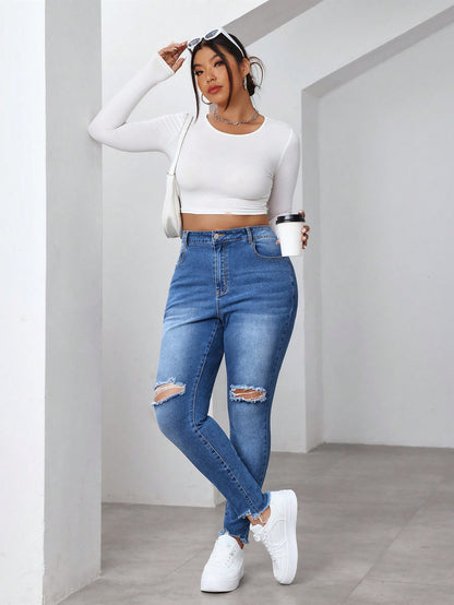 جينز ناعم البناء مغسول مشوه المقاس الكبير