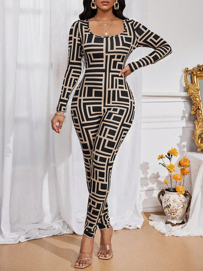 جمبسوت طويلة الأكمام بطباعة هندسية للنساء أربعة مواسم