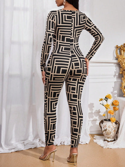 جمبسوت طويلة الأكمام بطباعة هندسية للنساء أربعة مواسم