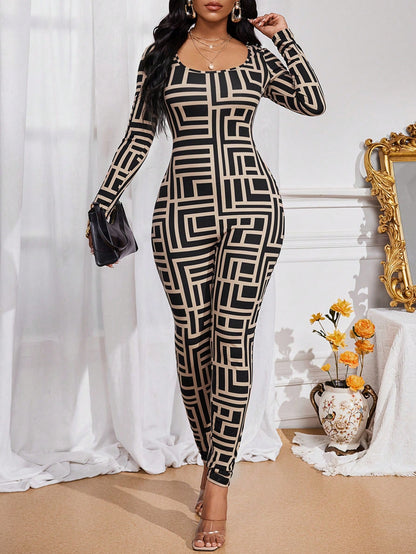 جمبسوت طويلة الأكمام بطباعة هندسية للنساء أربعة مواسم