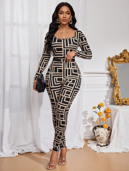 جمبسوت طويلة الأكمام بطباعة هندسية للنساء أربعة مواسم