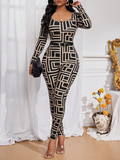 جمبسوت طويلة الأكمام بطباعة هندسية للنساء أربعة مواسم