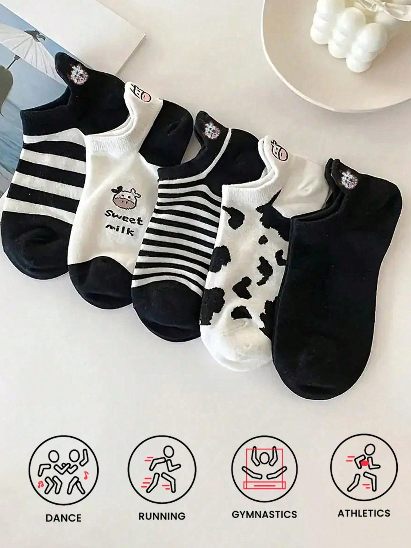 جوارب قصيرة مانعة للانزلاق بنمط بقرة كرتونية 5/10/20/30 زوج للربيع/الصيف، جوارب رياضية مريحة ومنفذة للهواء