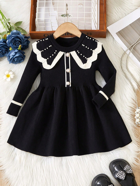 فستان كنزة صوفية مافوكة طويلة الأكمام مزين باللؤلؤ أنيقة للبنات الصغيرات، مناسب للكاجوال، الخارج، السفر، العطلة، المنزل، دار الحضانة، وقت اللعب، المدرسة، الحفلات