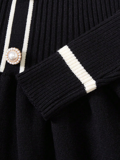 فستان كنزة صوفية مافوكة طويلة الأكمام مزين باللؤلؤ أنيقة للبنات الصغيرات، مناسب للكاجوال، الخارج، السفر، العطلة، المنزل، دار الحضانة، وقت اللعب، المدرسة، الحفلات