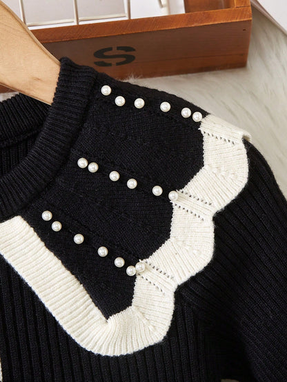 فستان كنزة صوفية مافوكة طويلة الأكمام مزين باللؤلؤ أنيقة للبنات الصغيرات، مناسب للكاجوال، الخارج، السفر، العطلة، المنزل، دار الحضانة، وقت اللعب، المدرسة، الحفلات