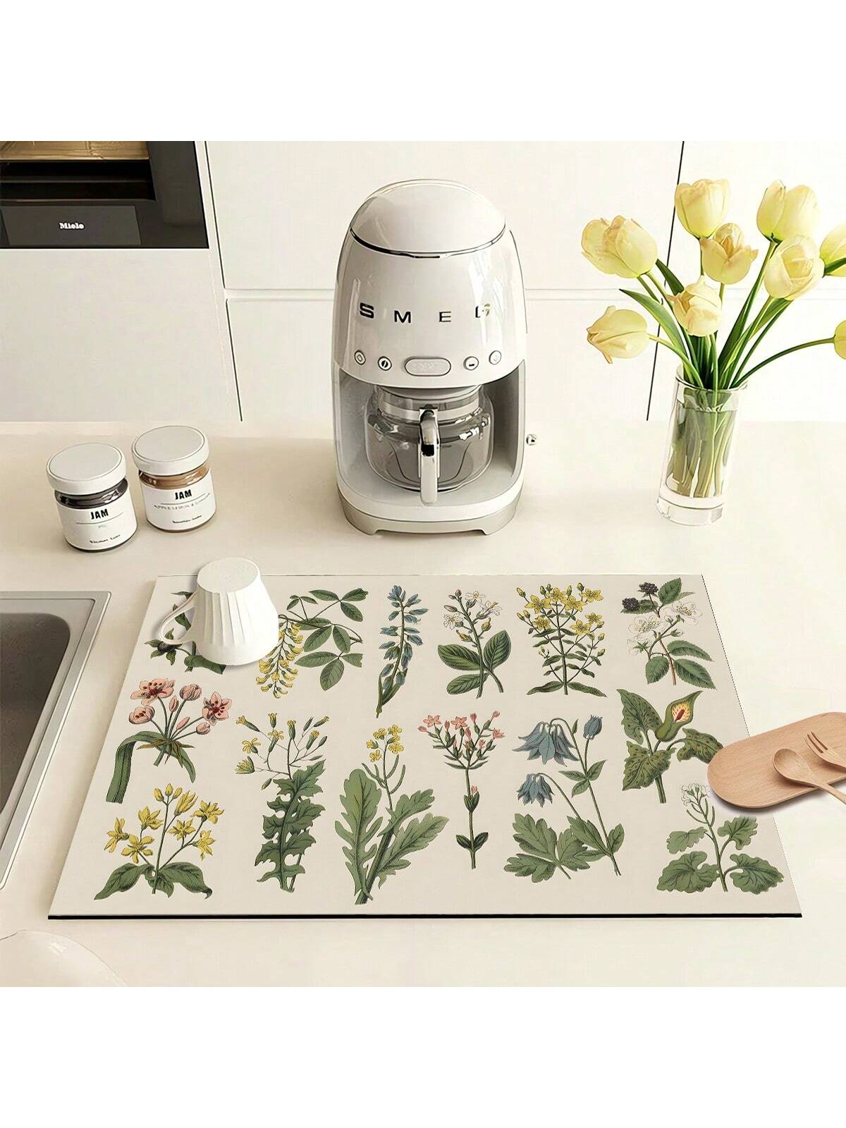 قطعة واحدة من بساط تجفيف الأطباق، مفرش طاولة مطبوع بالأعشاب