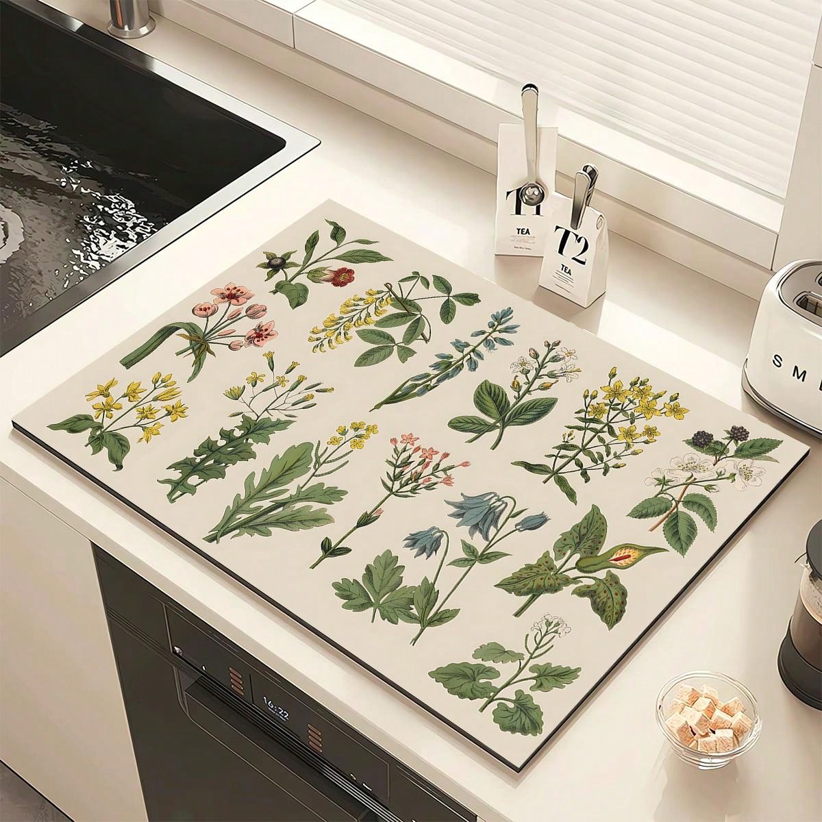 قطعة واحدة من بساط تجفيف الأطباق، مفرش طاولة مطبوع بالأعشاب