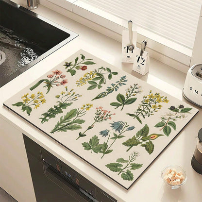 قطعة واحدة من بساط تجفيف الأطباق، مفرش طاولة مطبوع بالأعشاب