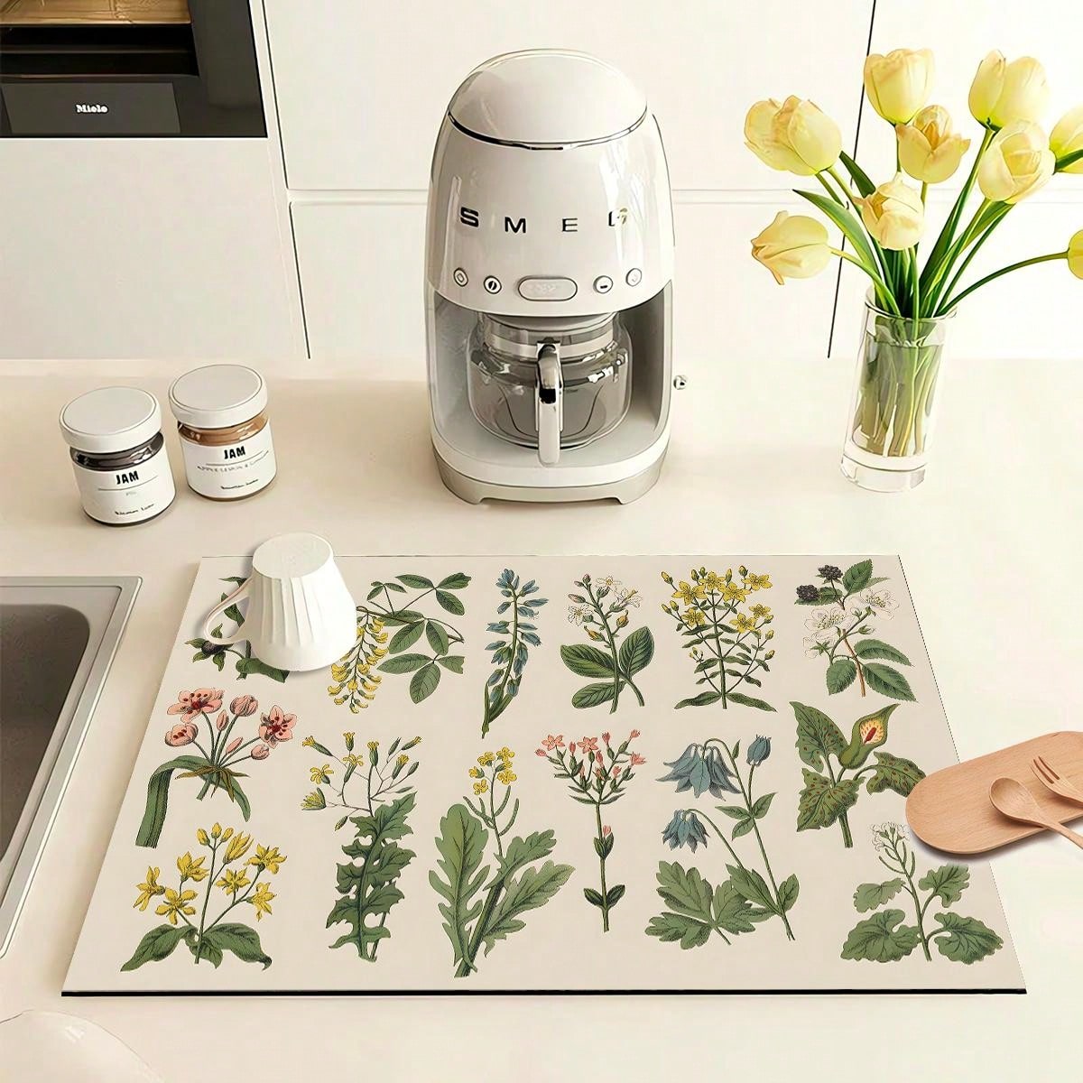 قطعة واحدة من بساط تجفيف الأطباق، مفرش طاولة مطبوع بالأعشاب