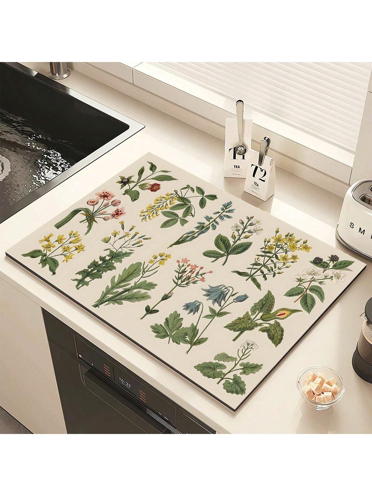 قطعة واحدة من بساط تجفيف الأطباق، مفرش طاولة مطبوع بالأعشاب