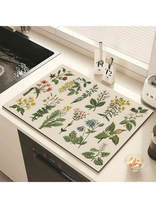 قطعة واحدة من بساط تجفيف الأطباق، مفرش طاولة مطبوع بالأعشاب