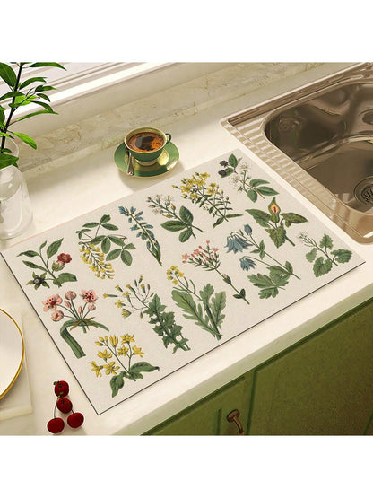 قطعة واحدة من بساط تجفيف الأطباق، مفرش طاولة مطبوع بالأعشاب