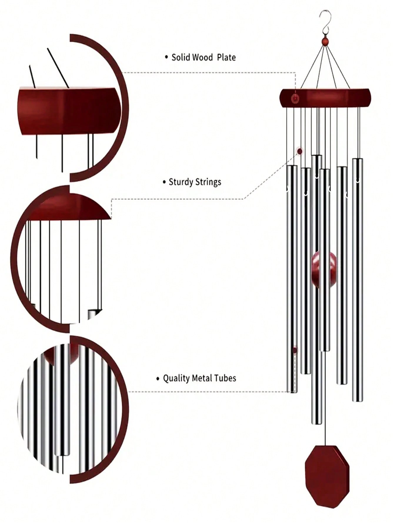 زنبور الرياح الخشبي اليدوي مع 6 أجراس أنبوبية معدنية