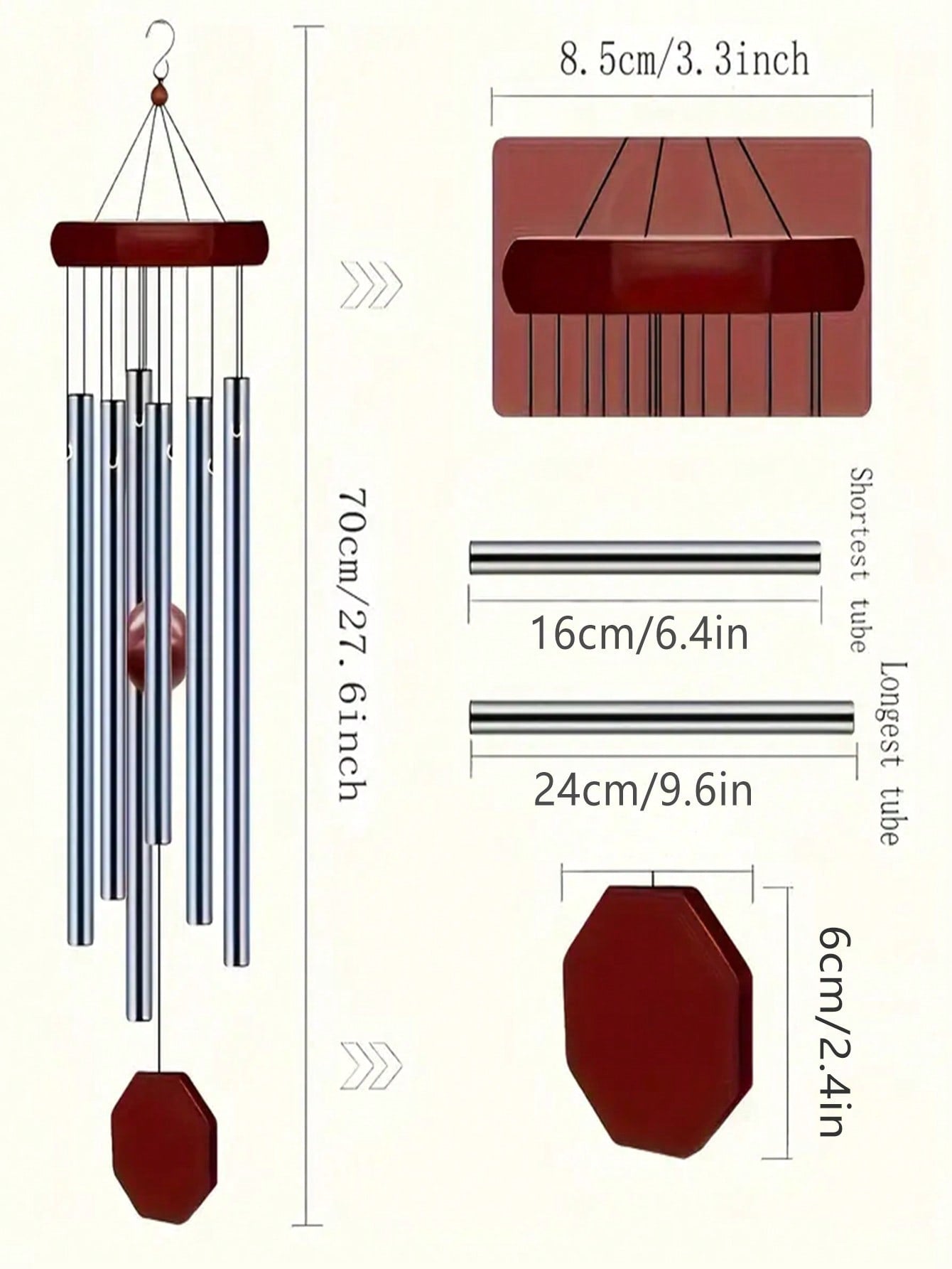 زنبور الرياح الخشبي اليدوي مع 6 أجراس أنبوبية معدنية