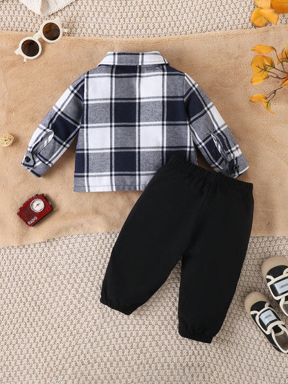 طقم قميص طفل ذكر مربع والبنطلون أحادي اللون 2 قطعة، ربيع خريف