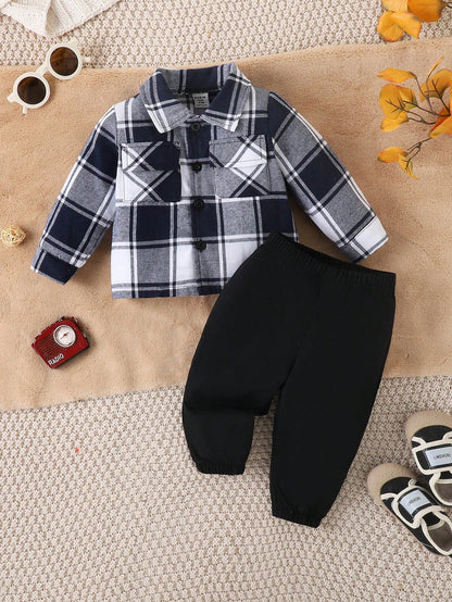 طقم قميص طفل ذكر مربع والبنطلون أحادي اللون 2 قطعة، ربيع خريف