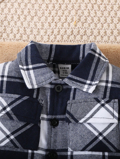 طقم قميص طفل ذكر مربع والبنطلون أحادي اللون 2 قطعة، ربيع خريف