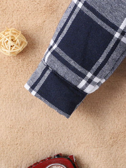 طقم قميص طفل ذكر مربع والبنطلون أحادي اللون 2 قطعة، ربيع خريف