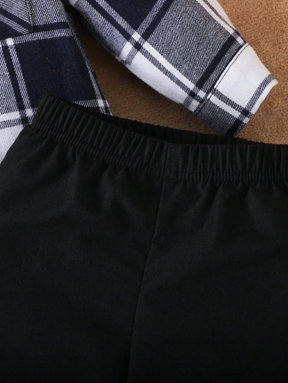 طقم قميص طفل ذكر مربع والبنطلون أحادي اللون 2 قطعة، ربيع خريف