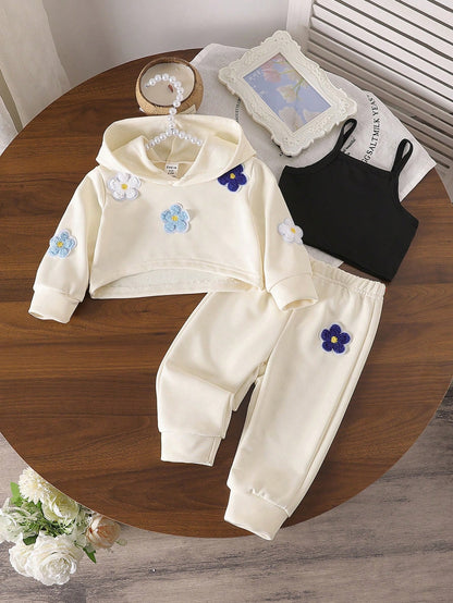 طقم ملابس خريفية للبنات الصغار 3قطع/مجموعة: هوودي مقصّر بطبعة زهرية   بدون أكتاف   بنطال