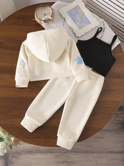 طقم ملابس خريفية للبنات الصغار 3قطع/مجموعة: هوودي مقصّر بطبعة زهرية   بدون أكتاف   بنطال