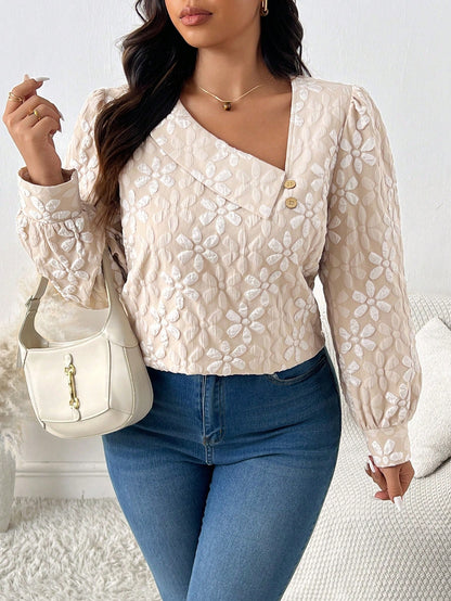 بلوزة كم طويل من قماش زهري ثلاثي الأبعاد مقاس كبير، خريف وشتاء