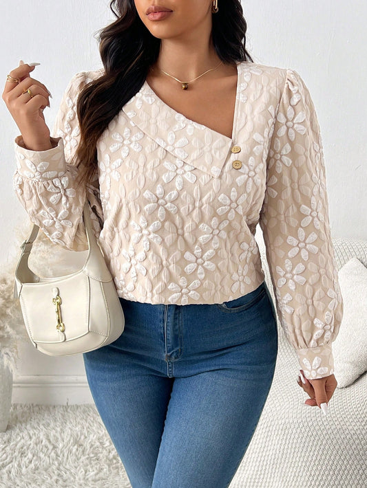 بلوزة كم طويل من قماش زهري ثلاثي الأبعاد مقاس كبير، خريف وشتاء