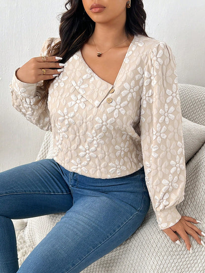 بلوزة كم طويل من قماش زهري ثلاثي الأبعاد مقاس كبير، خريف وشتاء