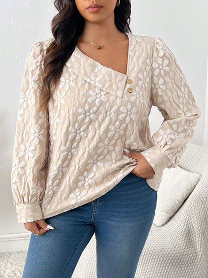 بلوزة كم طويل من قماش زهري ثلاثي الأبعاد مقاس كبير، خريف وشتاء