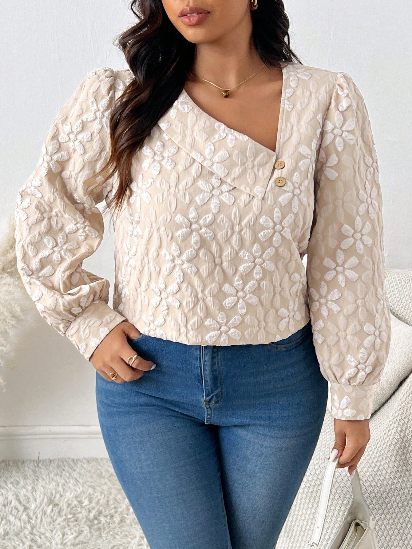 بلوزة كم طويل من قماش زهري ثلاثي الأبعاد مقاس كبير، خريف وشتاء