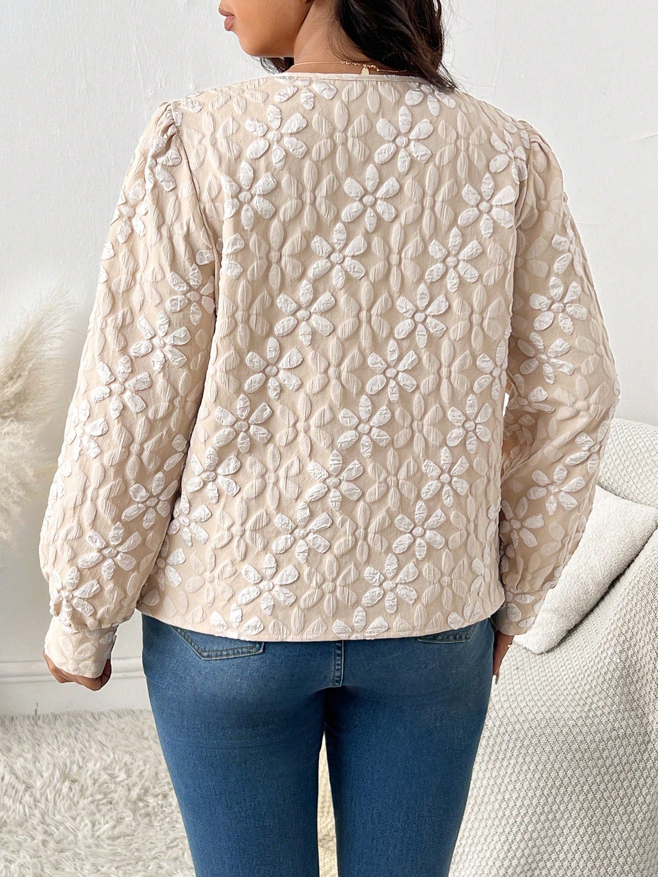 بلوزة كم طويل من قماش زهري ثلاثي الأبعاد مقاس كبير، خريف وشتاء