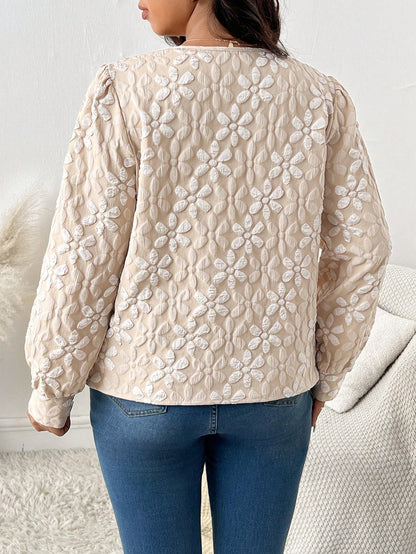 بلوزة كم طويل من قماش زهري ثلاثي الأبعاد مقاس كبير، خريف وشتاء