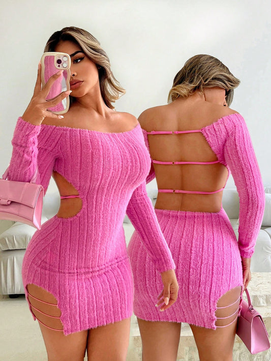 فستان ميني سليم اللون بفتحة الكتف وتقطيع، للنساء