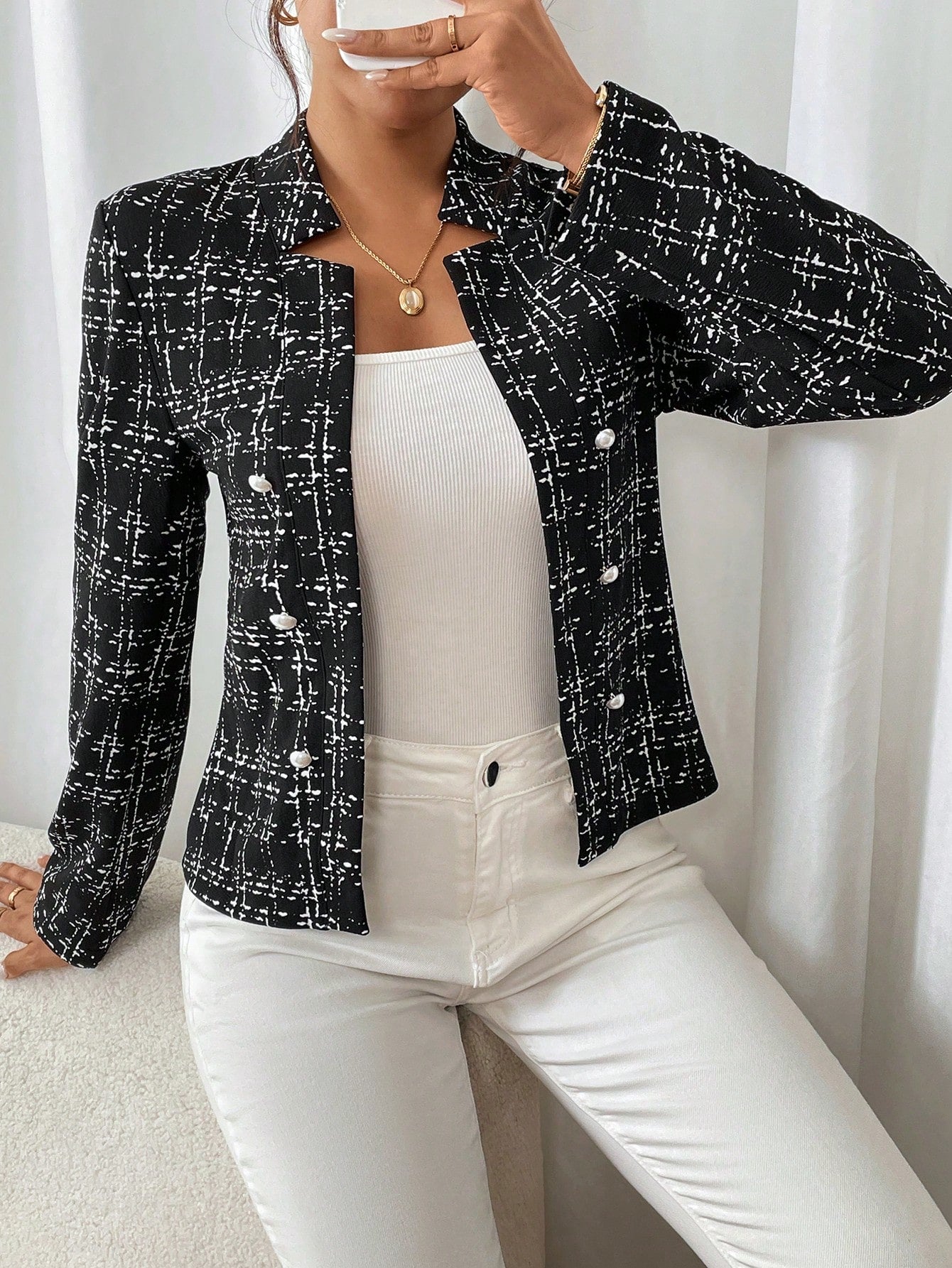 جاكيت منتظمة شيك عادية للعمل ذات ياقة مضلعة مزدوجة الصدر للنساء