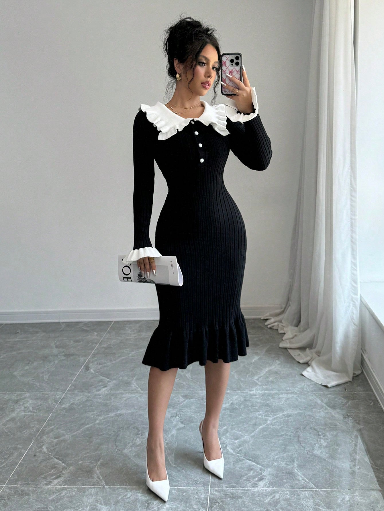 فستان سويتر مطرز بكشكش أسود وأبيض أنيق، ربيع/خريف