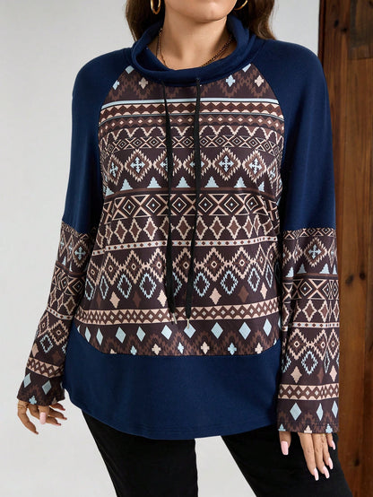 بلوزة رياضية بطباعة هندسية ملونة قطعات لون كاجوال مقاسات كبيرة