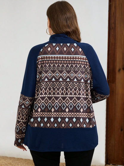 بلوزة رياضية بطباعة هندسية ملونة قطعات لون كاجوال مقاسات كبيرة