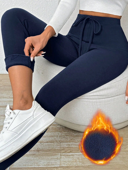 سراويل رياضية لنساء بلون أحادي مع ربطة خصر