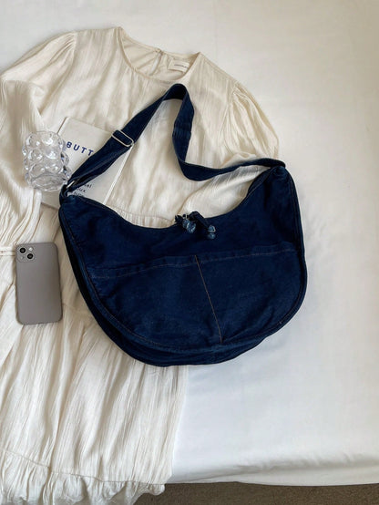 حقيبة كروس من الدنيم بلون سادة للنساء، حقيبة كتف بسيطة