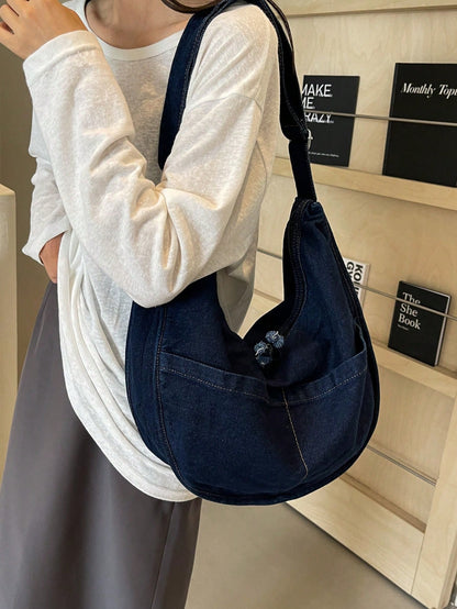 حقيبة كروس من الدنيم بلون سادة للنساء، حقيبة كتف بسيطة