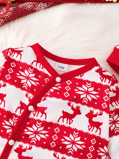 بدلة قطعة واحدة للأطفال الرضع بطباعة رأس الغزال وأزرار للأمام، لفصل الشتاء