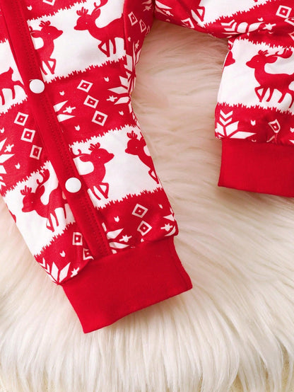 بدلة قطعة واحدة للأطفال الرضع بطباعة رأس الغزال وأزرار للأمام، لفصل الشتاء