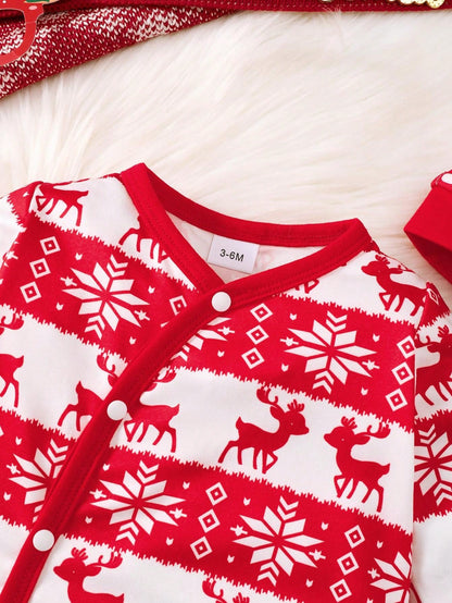 بدلة قطعة واحدة للأطفال الرضع بطباعة رأس الغزال وأزرار للأمام، لفصل الشتاء
